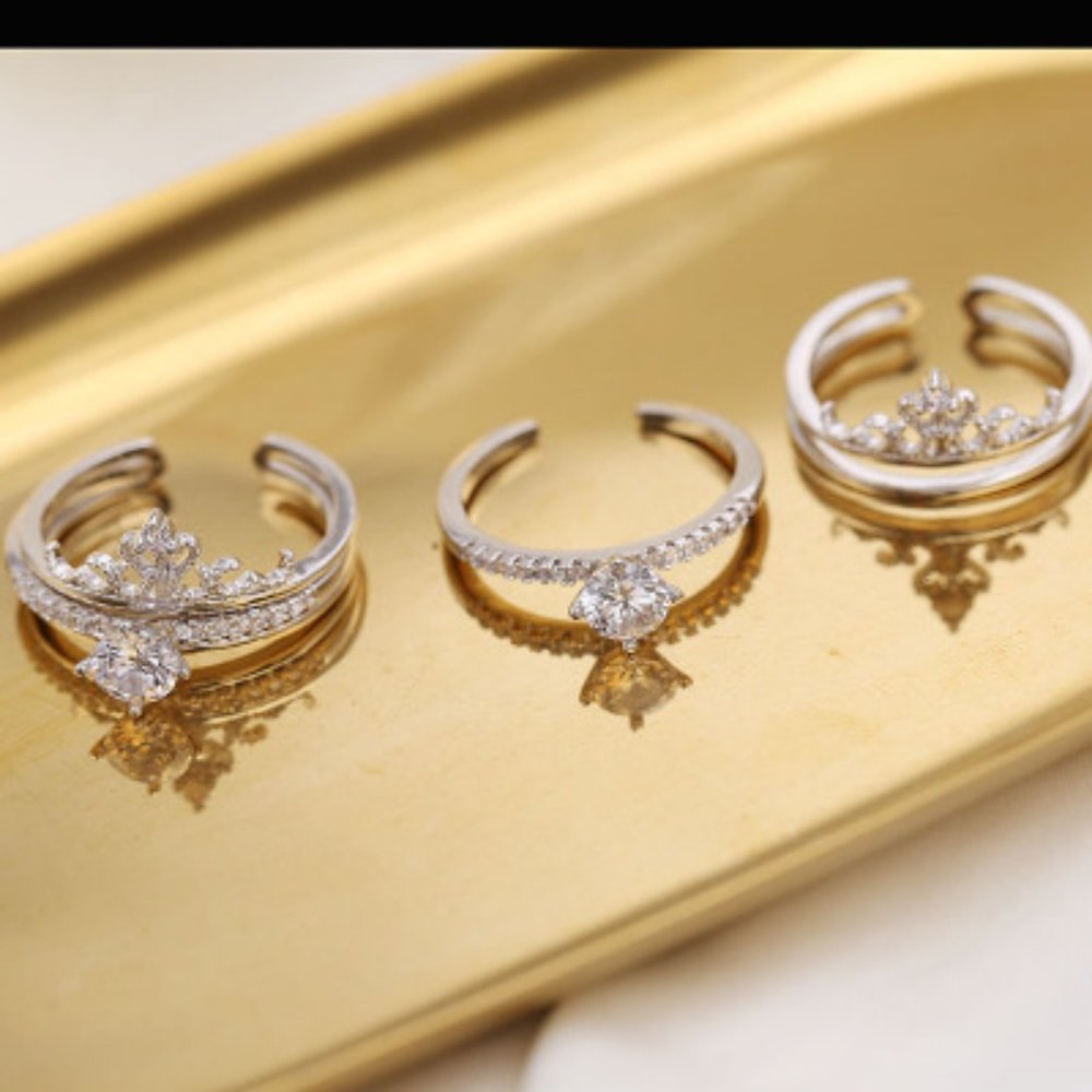 NEW 2PC 925 Silver Diamond Crown Resizable Ring - Picture 5 of 9